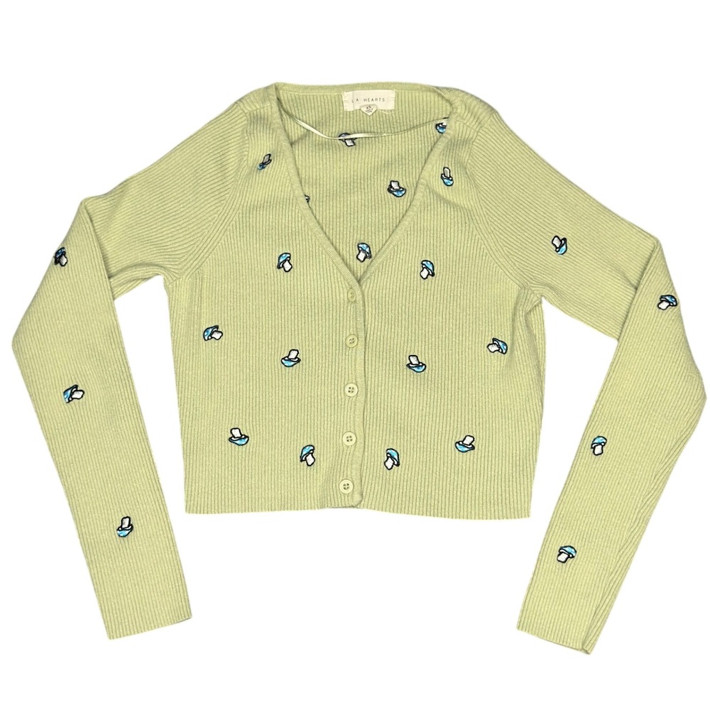 Mushroom Embroidered Cardigan XS Green Ribbed Knit V-Neck Button Up